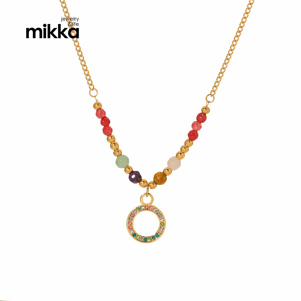 Colorful Rhinestone Zircon Hollow Circle Natural Stone Beads Pendant Necklace Bohemian 18k Gold Stainless Steel for Women