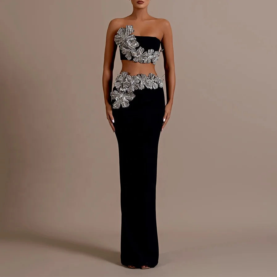 Bandage 2-Piece Sets Strapless Diamond Flower Top Long Skirts Suits Evening Party Outfits Wholesale Women Dress Set Manufacturer