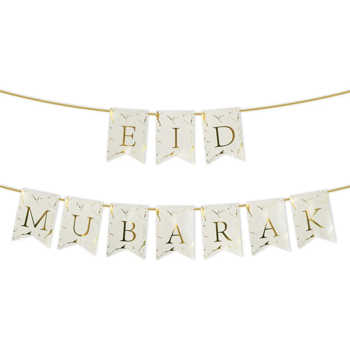 Muslim Eid Decoration Gold Foiled Eid Paper Bunting Islamic Hanging Flags Marble Eid Mubarak Banner