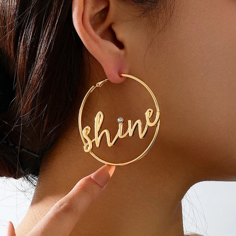 New Arrival Hollow Crystal Rhinestone Word Letter Shine Hoop Earrings Girls Statement Earrings Women Party Jewelry