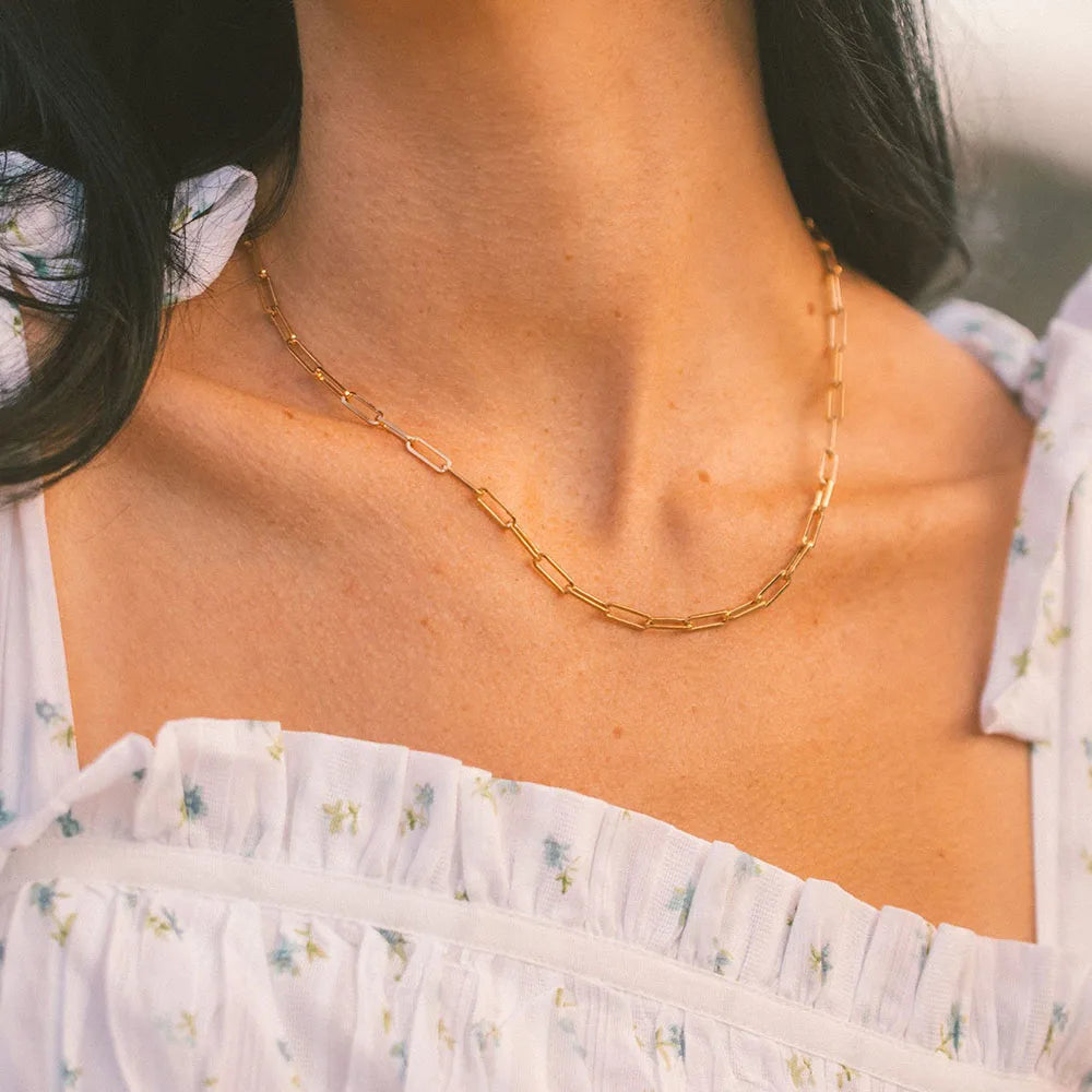 EManco Stainless Steel Paper Clip Link Chain Necklace 14K Gold Plated Punk Chains Choker Necklace for Women