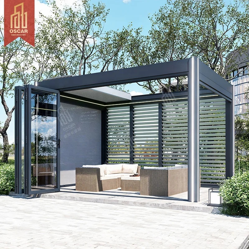 Outdoor Luxury Bioclimatic Aluminum Patio Folding Solarium Pavilion Canopy Motorized Louvers Roof Waterproof Retractable Pergola