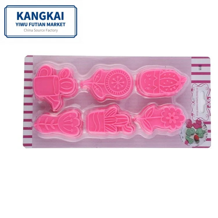 OEM DIY 3D 6PCS Pink Plant Shape Handpress Plastic Expression Biscuit Tools Cooking Cutter for Decoration Bakeware