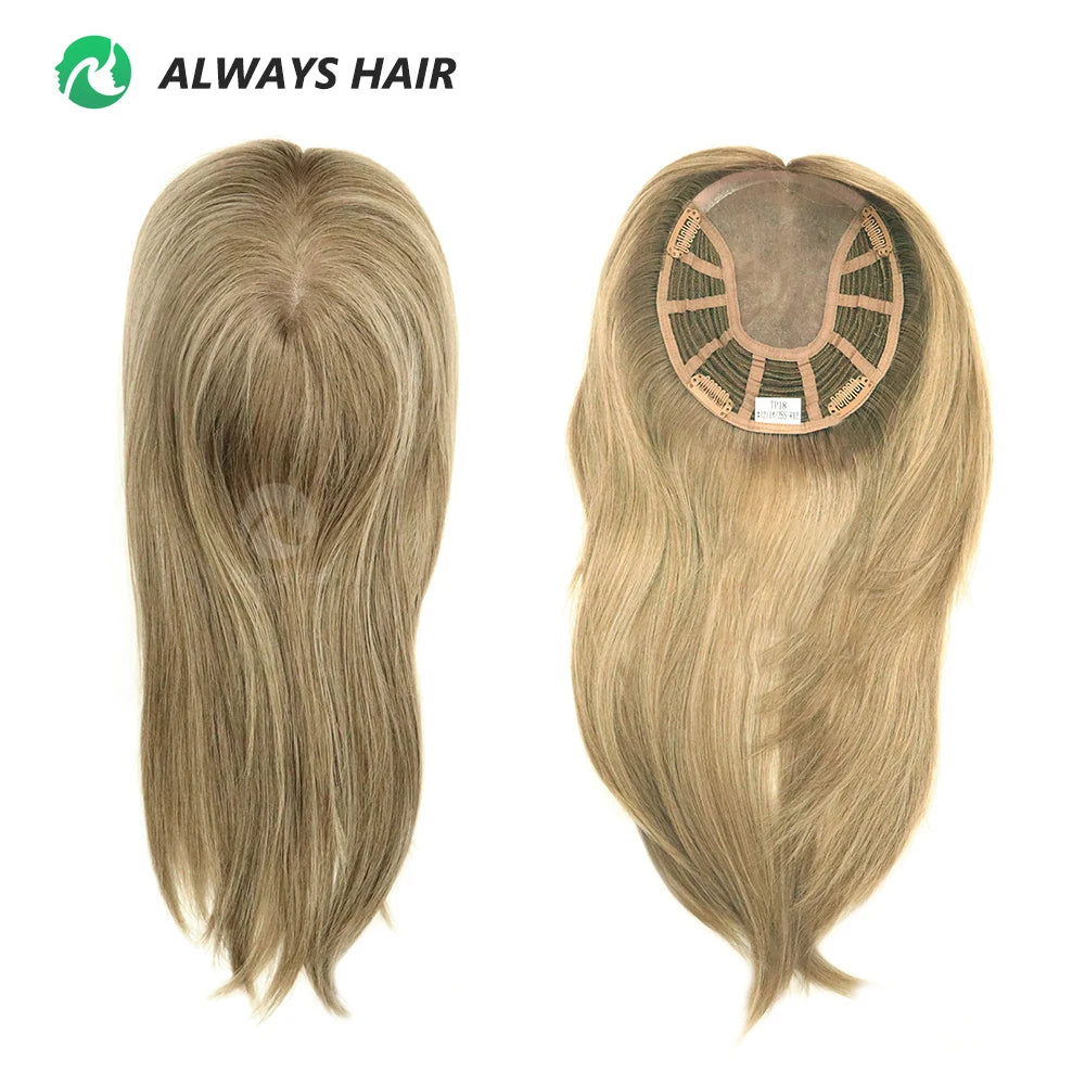 Women Toupee Blonde Human Hair Clip on in Stock Durable Mono 14 Inches Chinese Cuticle Remy Hair Topper