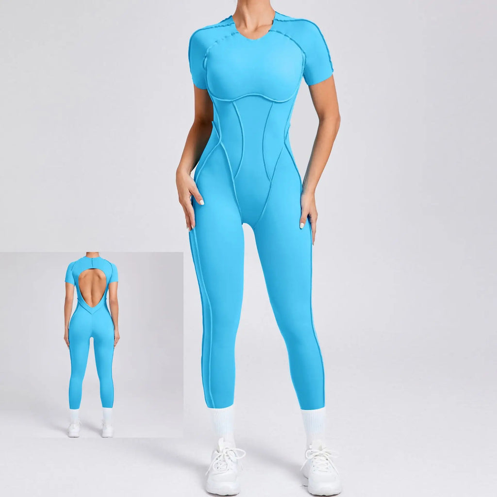 2025 New Flame Blue Sports Bodysuit Jumpsuit for Women Backless Long Pants Short Sleeves Long Neck Three-Dimensional Splicing