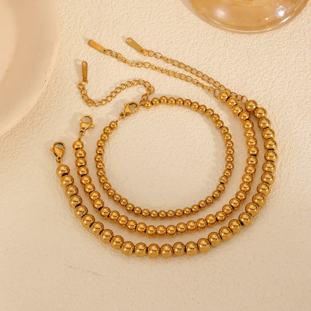 Women's Tarnish-Free 18k Gold PVD Stainless Steel Beaded Chain Bracelet Trendy Geometric Design Pearl Main Stone Fashion Jewelry