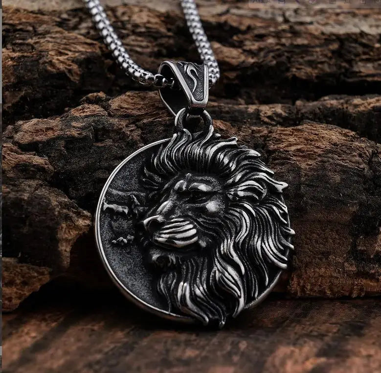 Vintage 316L stainless Steel Lion Head Pendant Necklace Gold Plated Sweater Chain Wholesale Jewelry