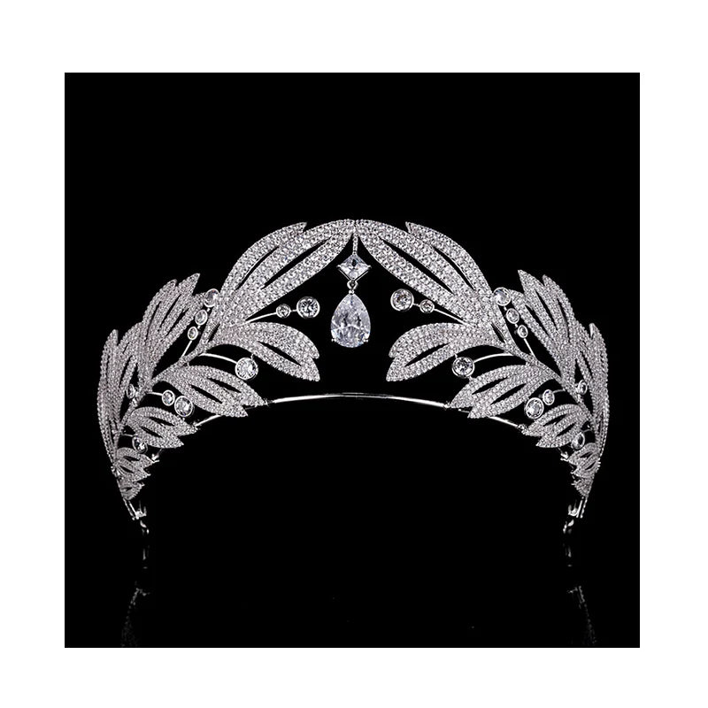New Royal Vintage Bay Leaf Big Crown Bride Wedding Zircon Crown Wedding Tiara Wedding Dress Accessories MegaBDM