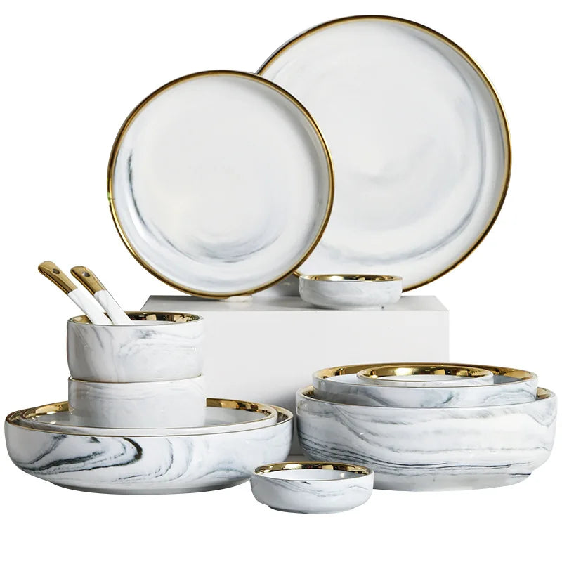 Luxury Marble Grey Porcelain Dinnerware Set 2 Sets Gold Inlay Modern Ceramic Plates for Home & Wedding Use