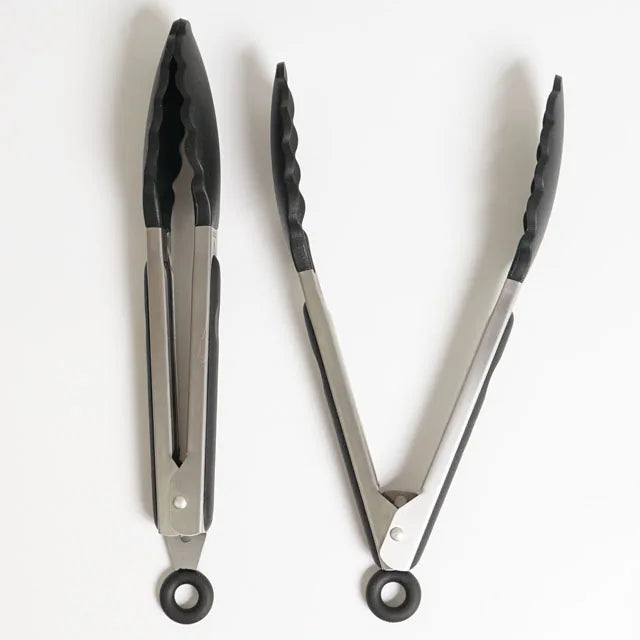 BBQ and Kitchen Use Black 9 Inch Food Grade Stainless Steel Silicone Non-Stick Eco-Friendly Food Tong Set of 2