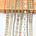Wholesale Plastic Gold Color Glass Sew-on Chain Shape Flatback Rhinestone Crystal Banding Trim for Garment Shoes Bags