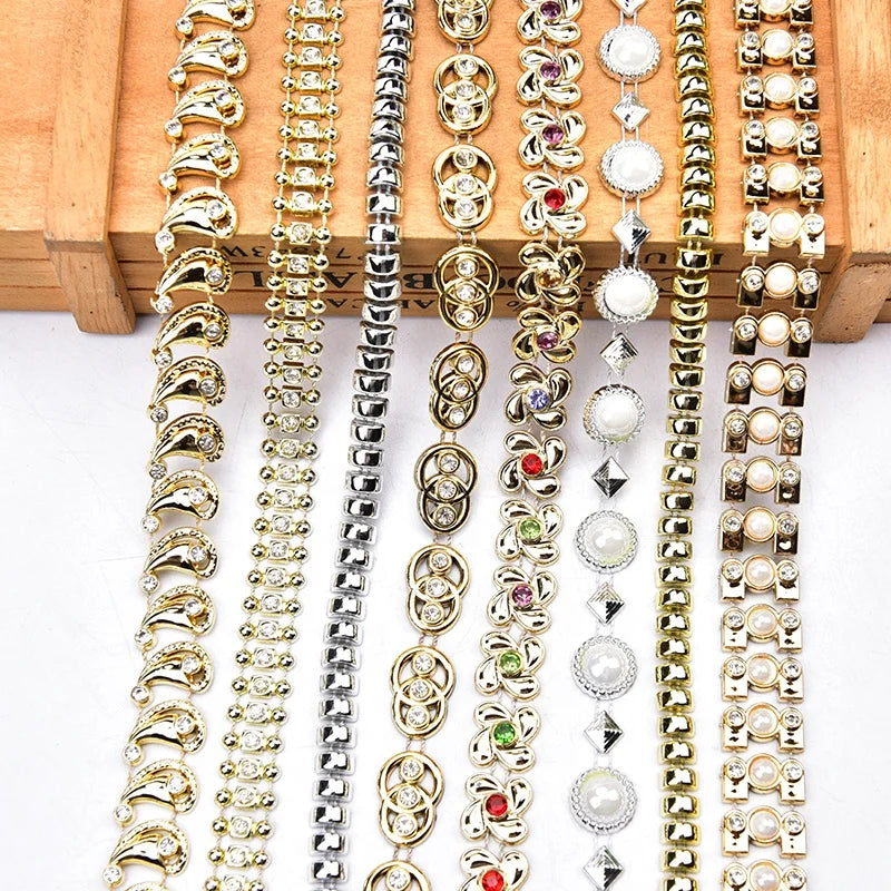 Wholesale Plastic Gold Color Glass Sew-on Chain Shape Flatback Rhinestone Crystal Banding Trim for Garment Shoes Bags