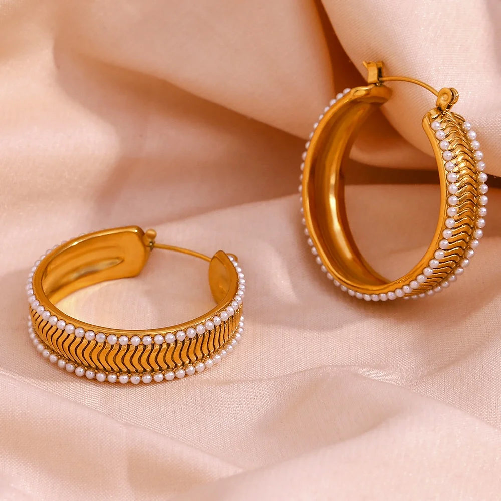 Dreamshow Valentines Jewelry Vintage Texture Pearl Earring 18K Gold Plated Stainless Steel Statement Earrings