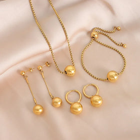 18K Gold Plated Stainless Steel Round Bead Necklace Earrings Bracelet Fashion Stainless Steel Gold Ball Necklace Jewelry Set