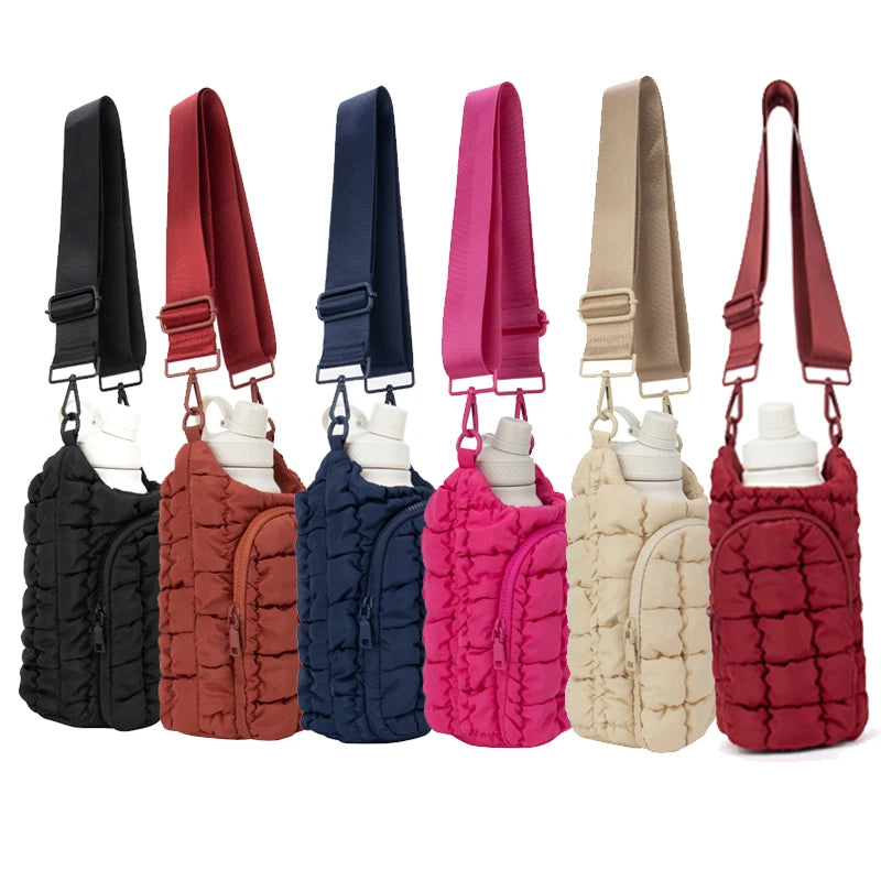 Custom Nylon Crossbody Puffer Handbag Water Bottle Carrier Sling Bag With Shoulder Adjustable Strap Card Pouch Phone Pocket