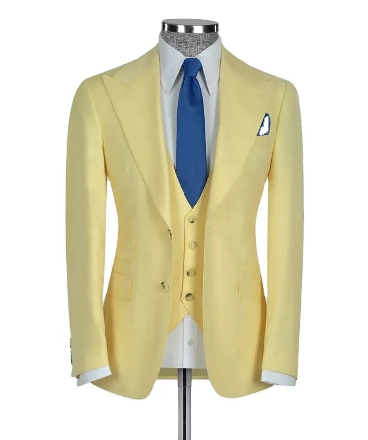 Latest Design Yellow Pink Red Men Suits 3 Pieces Groom Wedding Men Suit Set Business Formal Jacket Vest Trousers Dress Tuxedo