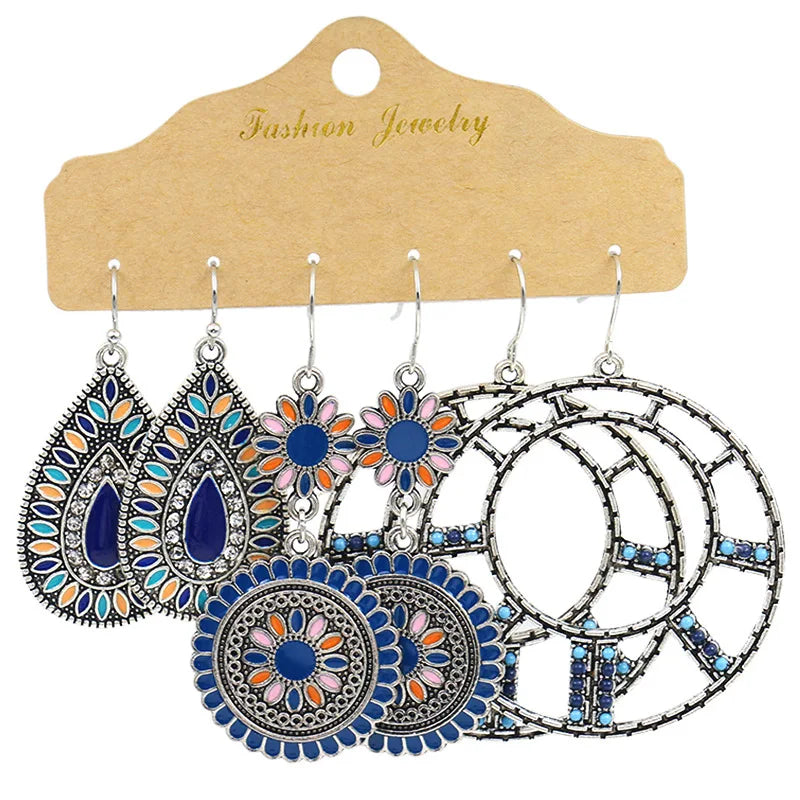 Hot Sale Vintage Antique Plated Bohemian Style Big Hollow Hoop Pendant Earrings 3 Pair Set for Women Jewelry Accessories