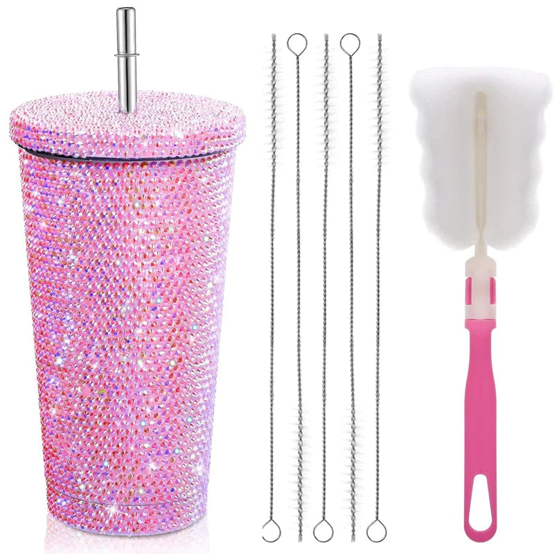 Fashion Rhinestone Glitter Shiny Double Wall Stainless Steel Vacuum Insulated Tumbler Sippy Straw Cup Travel Coffee Milk Mug