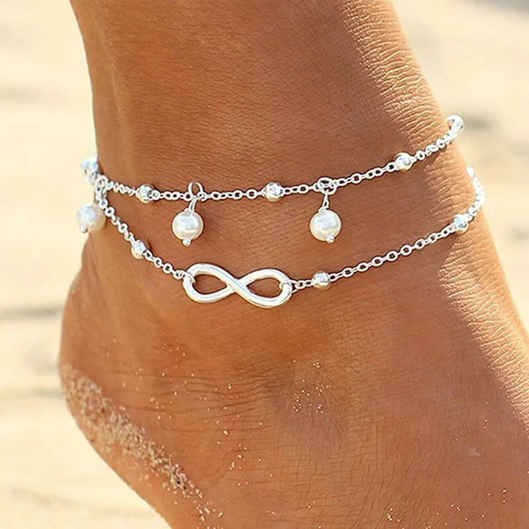 SC 2024 Summer Beach Foot Jewelry Creative Handmade Beaded Ankle Anklets Women Double Layers Infinity Pearl Anklets with Charms