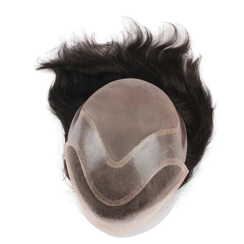 Mens Toupee Hair PU with French Lace Wigs for Men European Remy Human Hair Replacement Systems Hairpiece 10x8inch