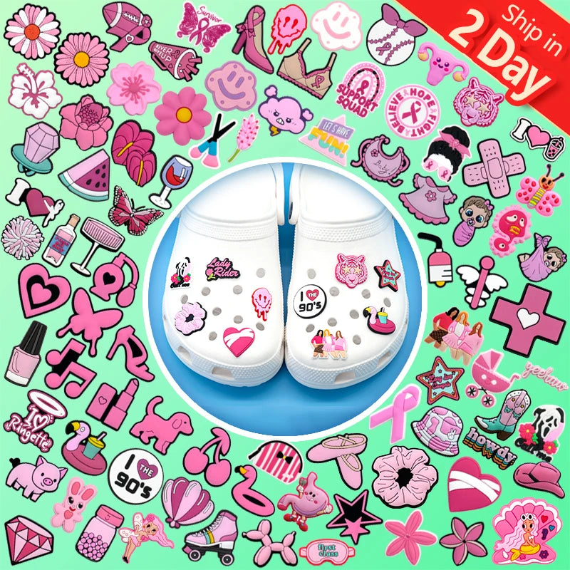 Wholesale Custom Pink Theme 90s Style Shoe Charms Heart Bow Makeup DIY PVC Decorations Design Shoes Charms for Girls Women