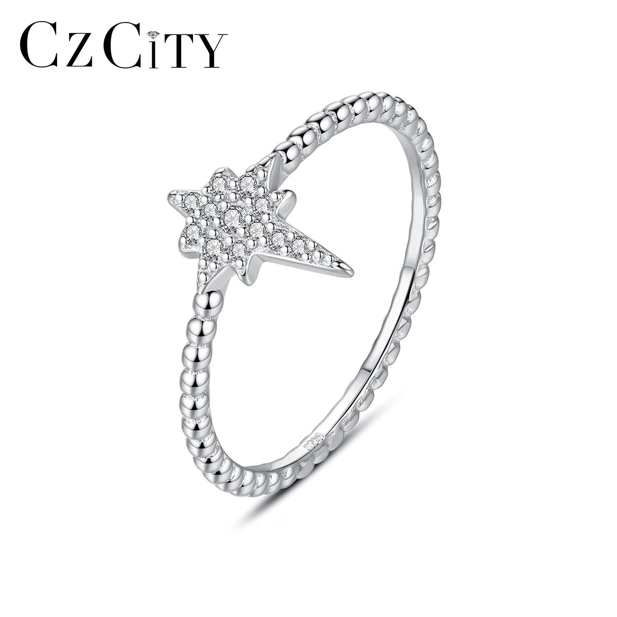 CZCITY Fashion Micro 925 Sterling Silver Star Diamond Woman Zircon Cute Finger for Girl Twist Ring