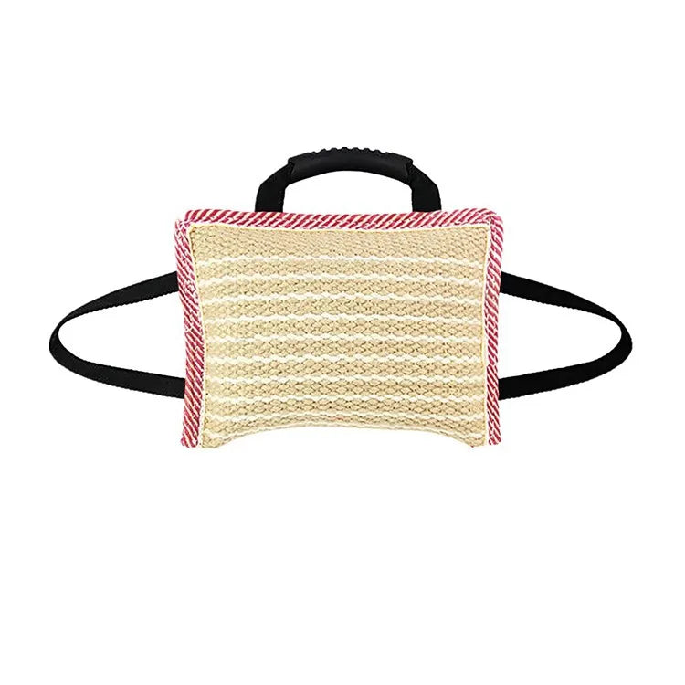 Linen Jute Dog Bite Pillow 3-Handle Training Tug Toy for Malinois GSD Teeth Cleaning Interactive Play Durable Chew Pet Toys