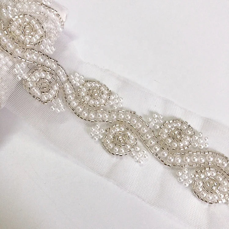 Handmade DIY Dress Pearls Beaded Embroidered Mesh Lace Trim LT2606B
