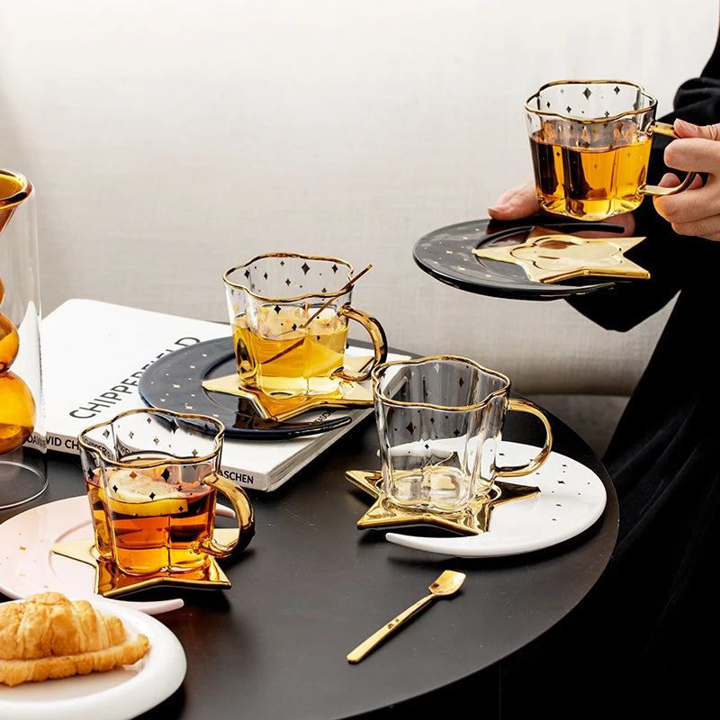Luxury Delicate Gold Plated Creative Star Moon Shape Design Glass Coffee Tea Cup and Saucer Set 240ml Eco-Friendly