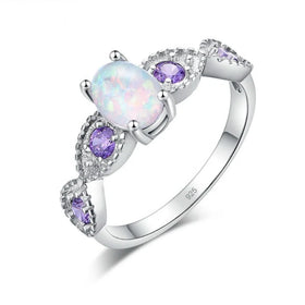 Wholesale Romantic Style Fashion Jewelry Synthetic Oval White Fire Opal & Amethyst Cubic Zirconia Rings for Women Made Brass