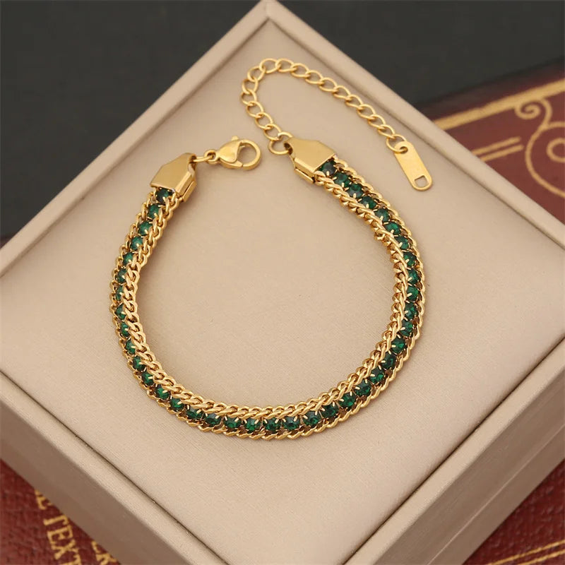 Elegant Colorful Diamond Stainless Steel Cuban Chain Adjustable Bracelet for Women-Wedding Anniversary Gift Party Jewelry