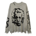 Oversized Men Sweater Jacquard Pattern Cotton Pullover Knitwear Crew Neck Long Sleeves Distressed Knit Sweater