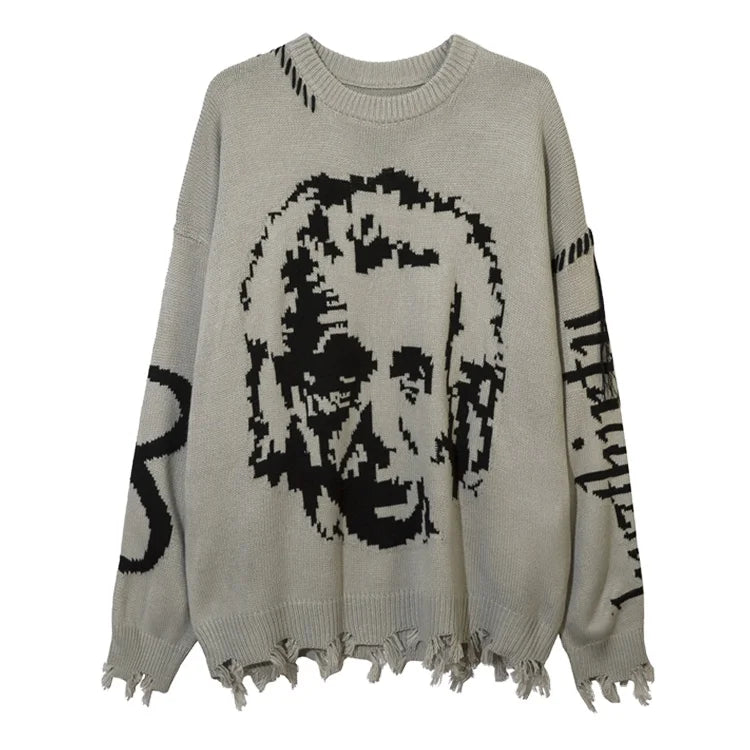Oversized Men Sweater Jacquard Pattern Cotton Pullover Knitwear Crew Neck Long Sleeves Distressed Knit Sweater