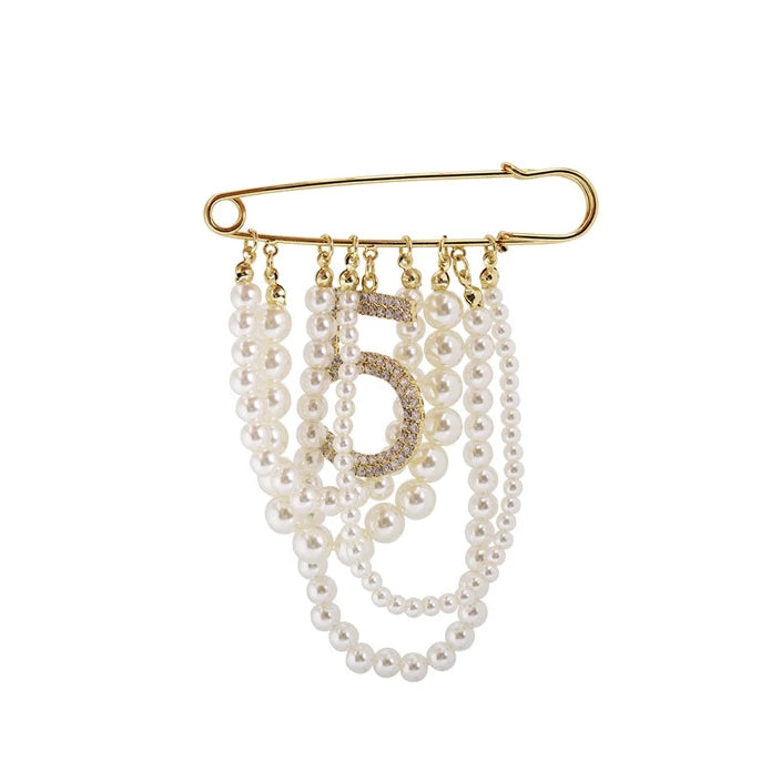 Luxury Pearl Tassel Number 5 Brooch Rhinestone Lapel Pin Brooch Rhinestone Jewelry Brooch Wholesale