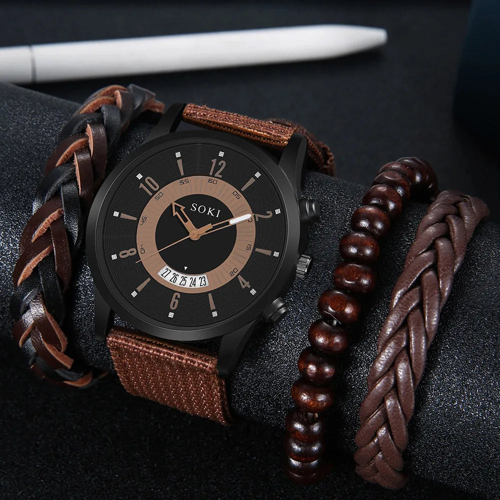 WGS-82 Men's Casual Quartz Watch New Fashion Watch Set Calendar Men's Watch and Bracelets