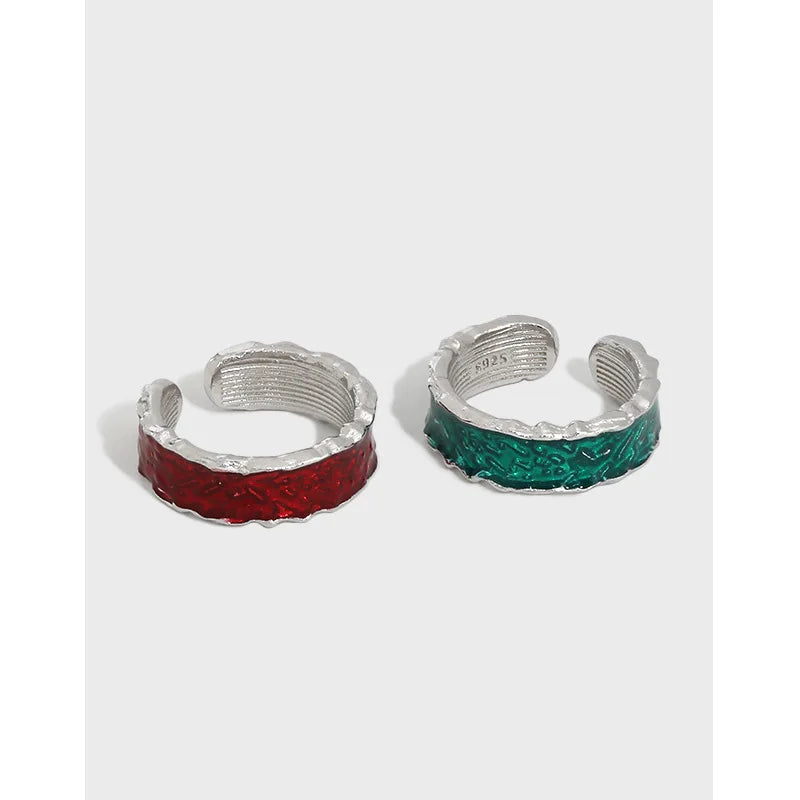 Red Green Enamel Gold Plated S925 Sterling Silver Irregular Design Open Adjustable Ring for Women JA556