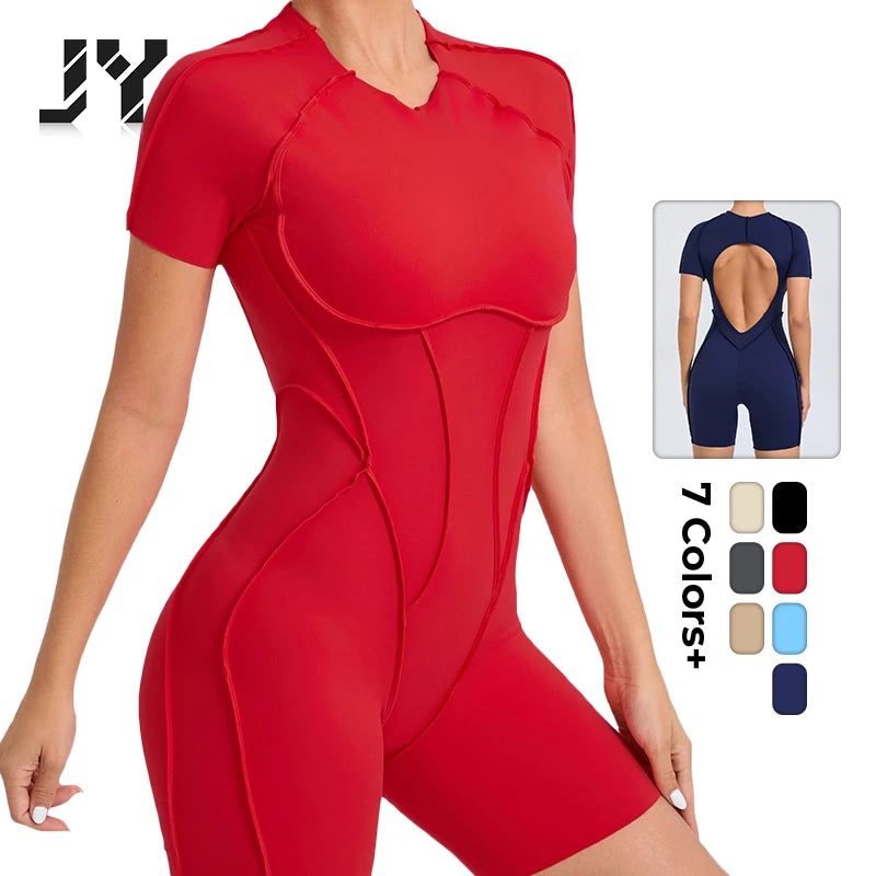 JY New One Pieces Suit  Fitness Red Backless Jumpsuit Sexy Lightweight Elastic Shorts Women's Jeans Jumpsuit