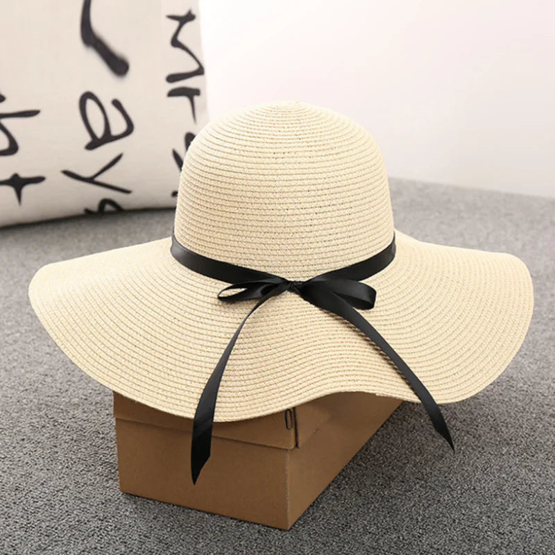 Brown Romantic Vintage Style Wide Brim Straw Hat Women Summer Beach Hat Foldable Sun Hat