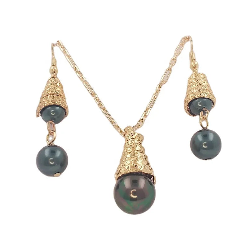 JX73 Pearl Earrings  With Long Chain Necklace Gold Jewelry Set