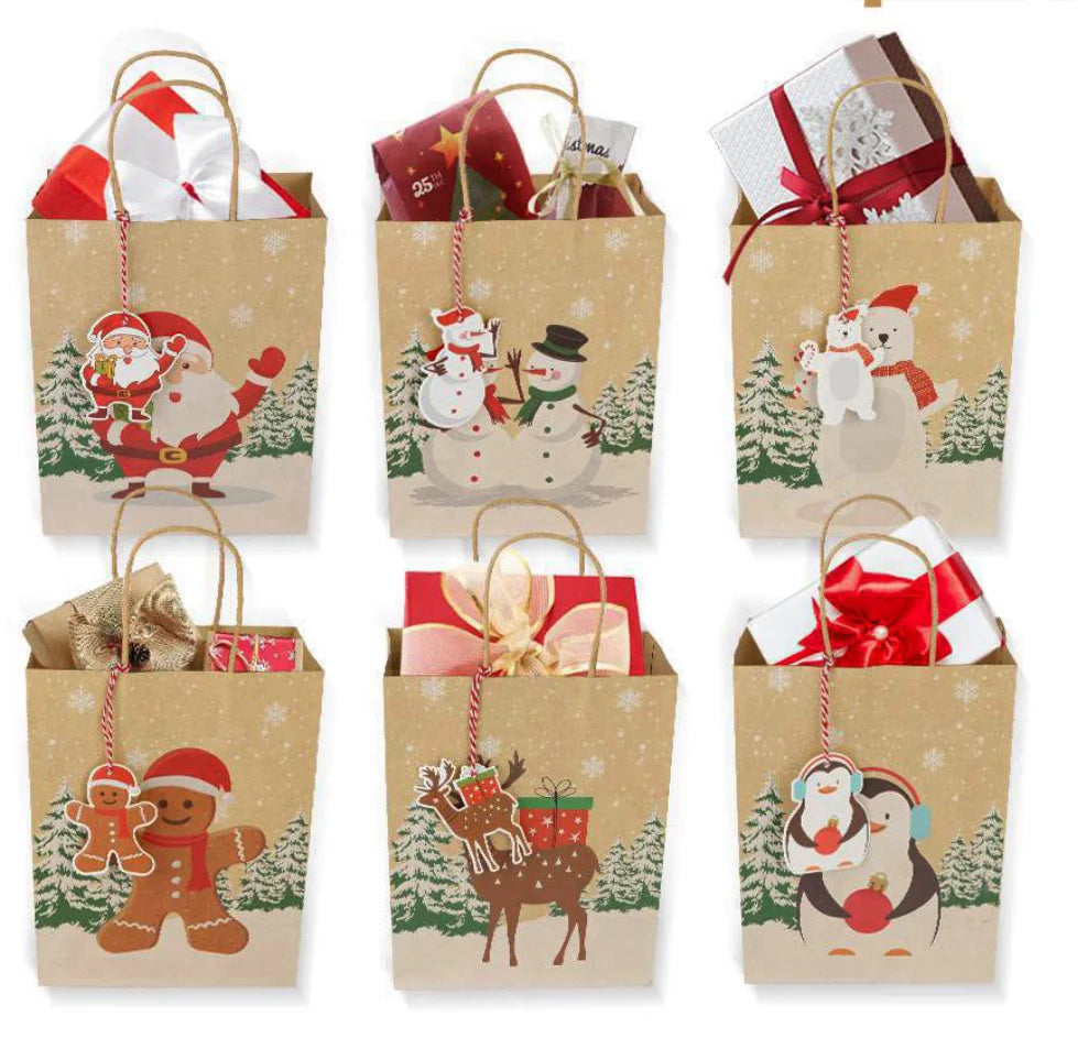 Holiday Season Christmas Party Favour Gift Treats Packaging Paper Bags Goodie Wrapping Ornament Kraft Bags With Handle for Xmas