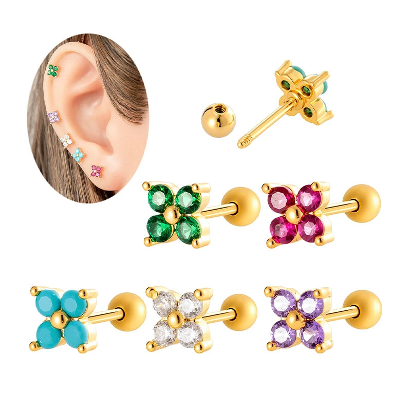 Hengsen Stainless Steel Cartilage Earrings Colorful Opal Stone Flower Lobe Stud Ear Conch Helix Snug Earring Piercing Jewelry