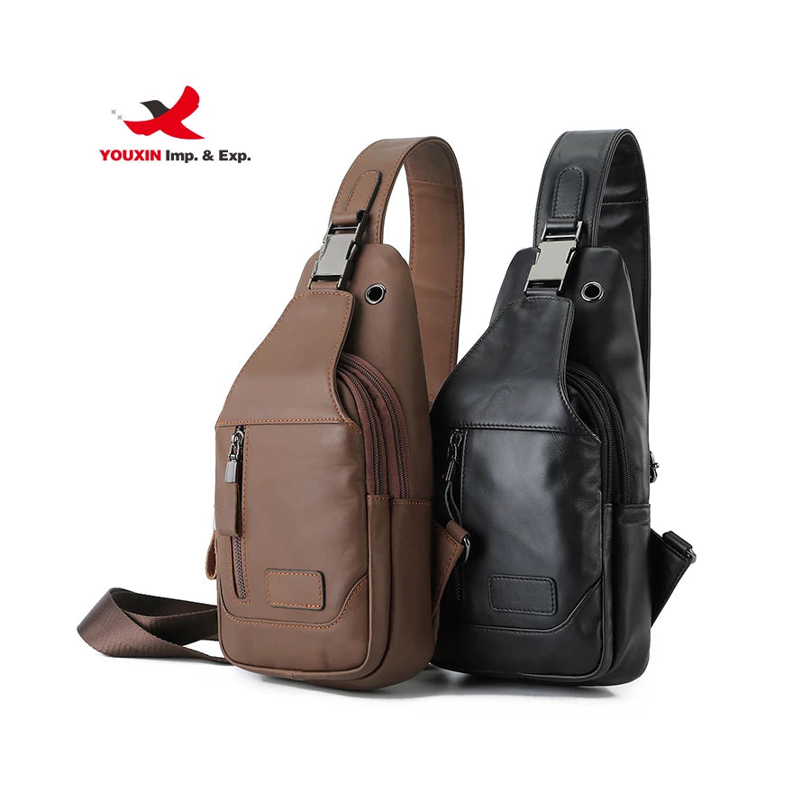Customized Logo Shoulder Bag with Earphone Hole Crossbody Bags Genuine Leather Chest Bags for Men