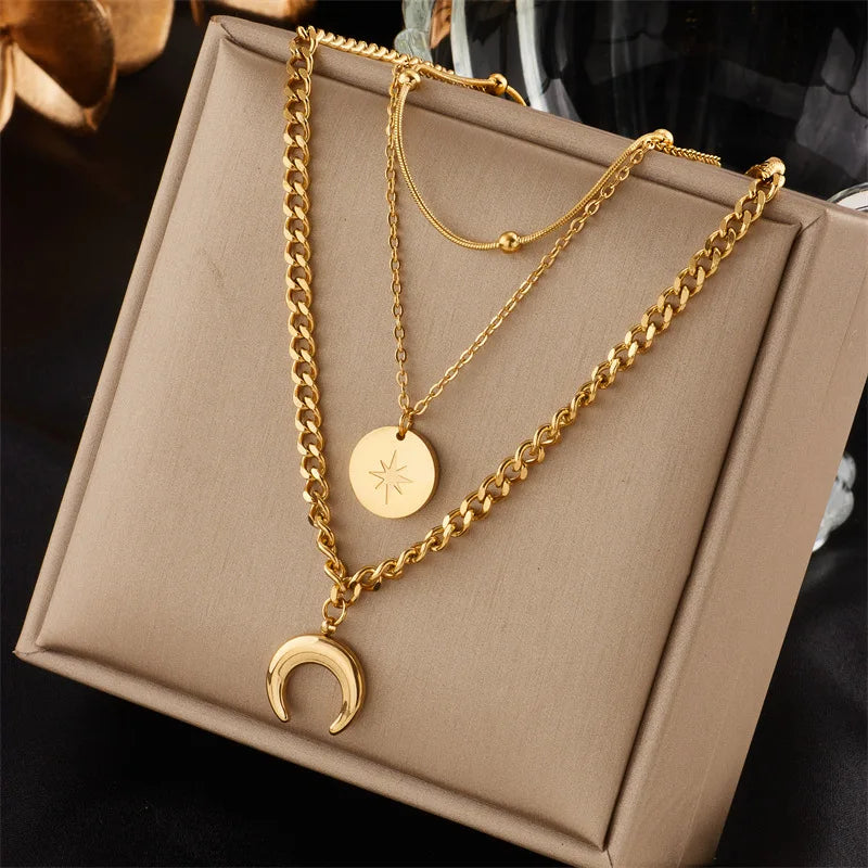 New Fashion Jewelry Multi Layered Stable Color Stainless Steel Moon Necklace 18k Gold Plated for Women