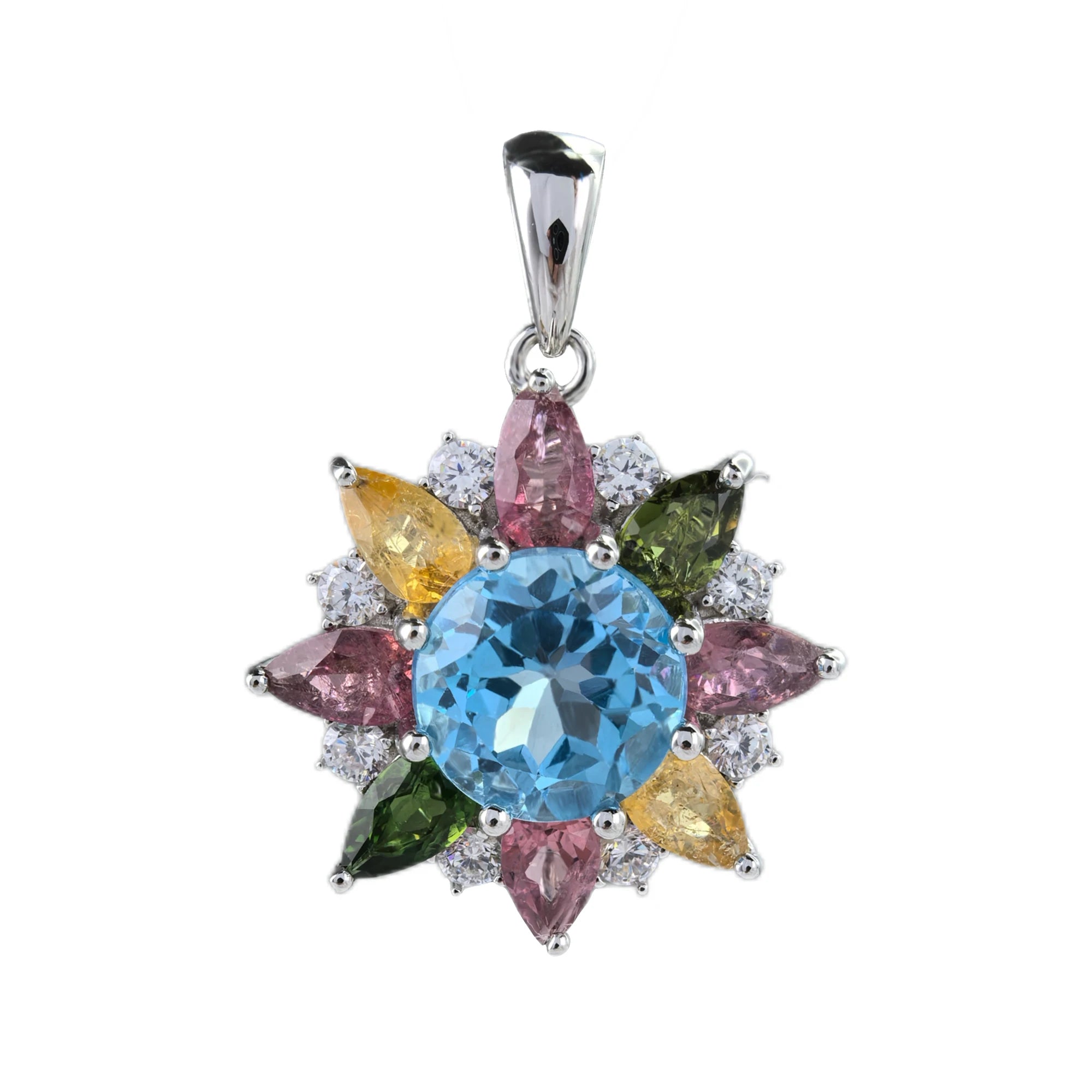 Graceful Rhodium Plated 925 Sterling Silver Natural Swiss Blue Topaz Flower Pendant for Women Anniversary Gift