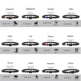 Healing Gemstone Crystal Men's Beaded Bracelet 8mm Matte Black Glass Bead Natural Stone Twelve Zodiac Signs Elastic Bracelet