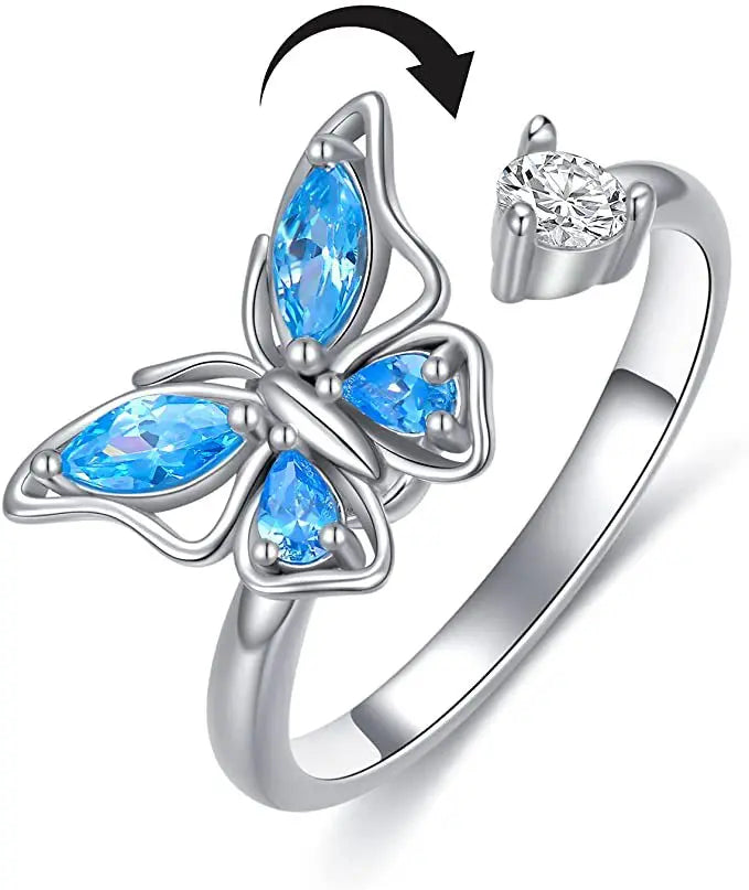 Fidget Anxiety Rotatable Adjustable Ring White Gold Rhodium Plated Blue Crystal Butterfly Ring Rotation