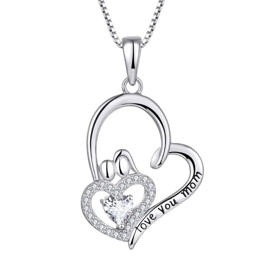 I Love You Mom 925 Sterling Silver Rhodium Plated Cubic Zirconia Heart Pendant Necklace for Engagement Wedding Party Mother's