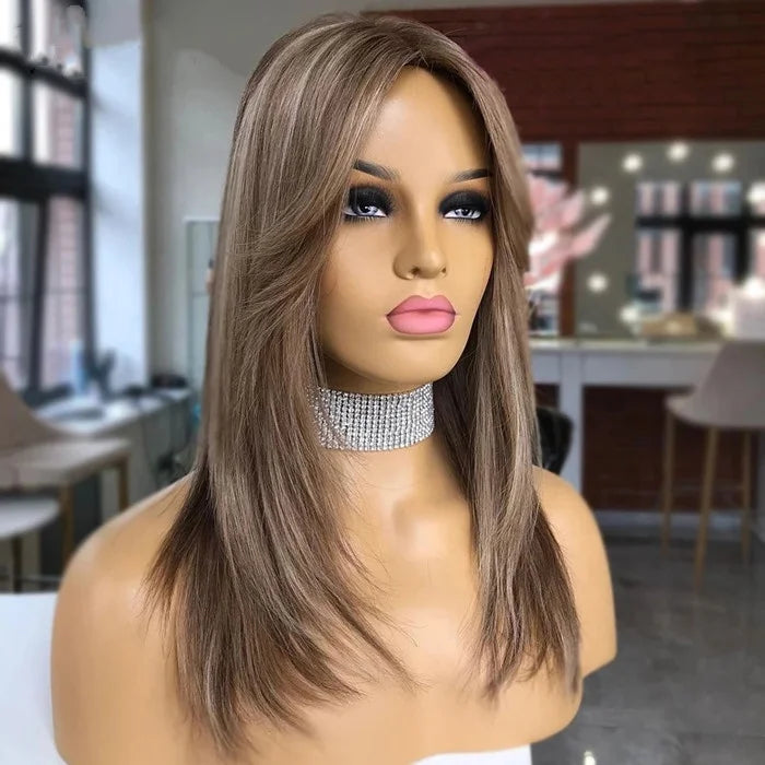 Fashion Wigs Fringe Brown Blonde Color Straight Bob Cuticle Aligned HD Lace Front Wigs With Bang