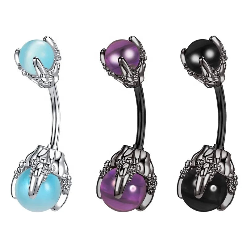 Wholesale 316L Surgical Stainless Steel Barbell Navel Piecing Jewelry Dragon Claw Opalite Natural Stone Belly Button Ring