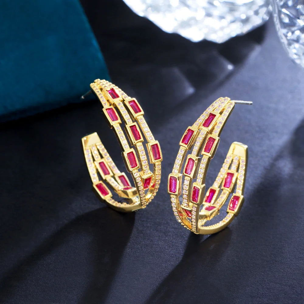 Triple Circle Round Double Sided Pink Red Cubic Zirconia Paved 18K Gold Plated Big CZ Hoop Earrings for Women Party